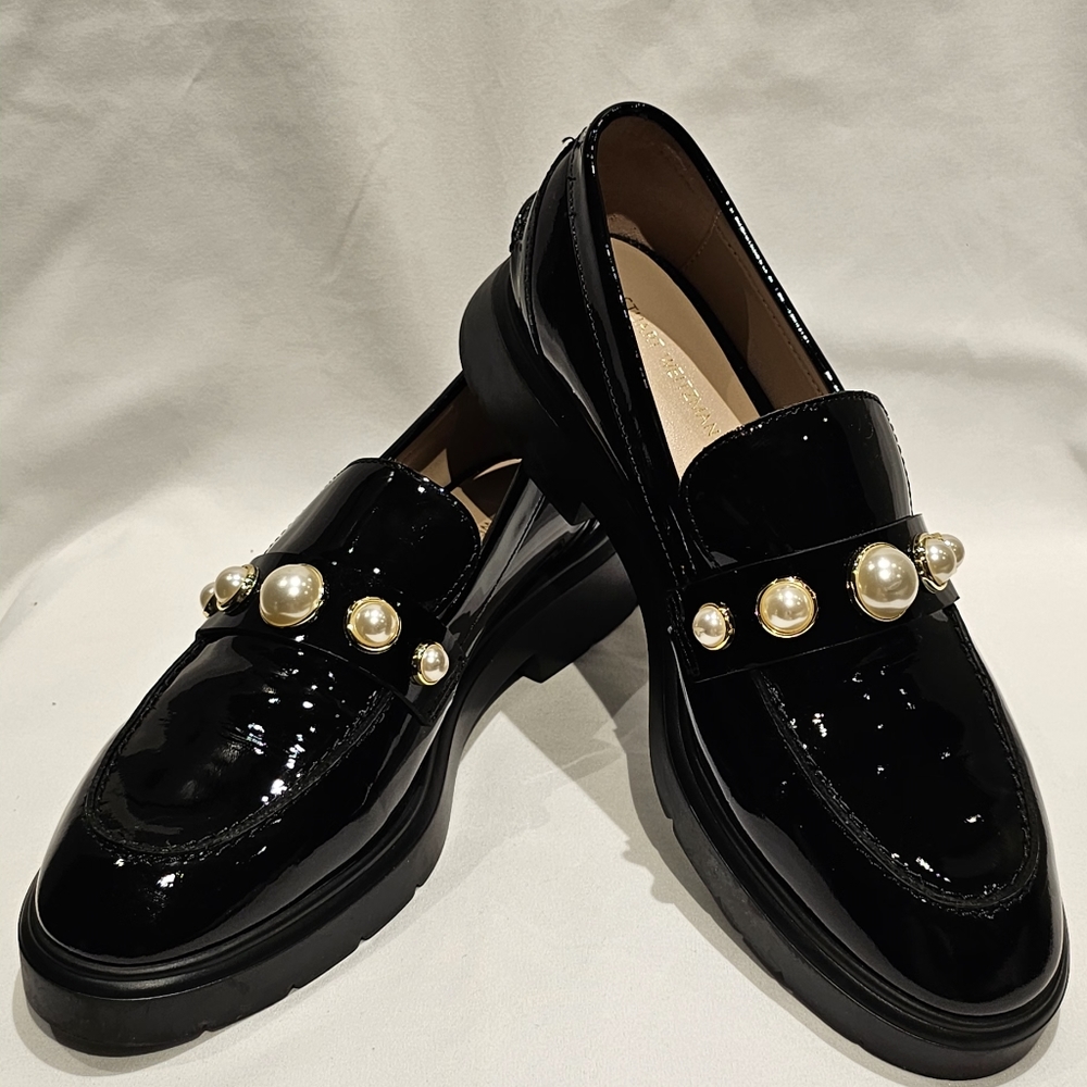 Stuart Weitzman Portia Pearl- Embellished Patent Leather Loafers, 37.5- SOLD!!